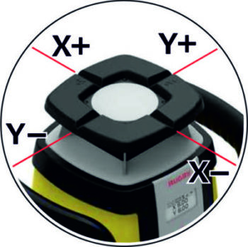 Oznaczenie osi X i Y na obudowie niwelatora Rugby
